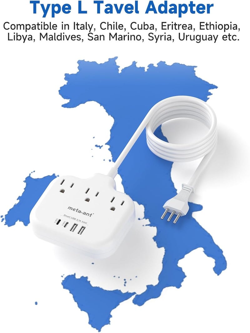 meta-ant Italy Travel Plug Adapter with 5FT Extension Cord, Italy Power Adapter with 3 American Outlets 4 USB Ports(2 USB-C), Type L Adapter for US to Italy Chile Ethiopia Libya Syria Tunisia Uruguay - Image 2